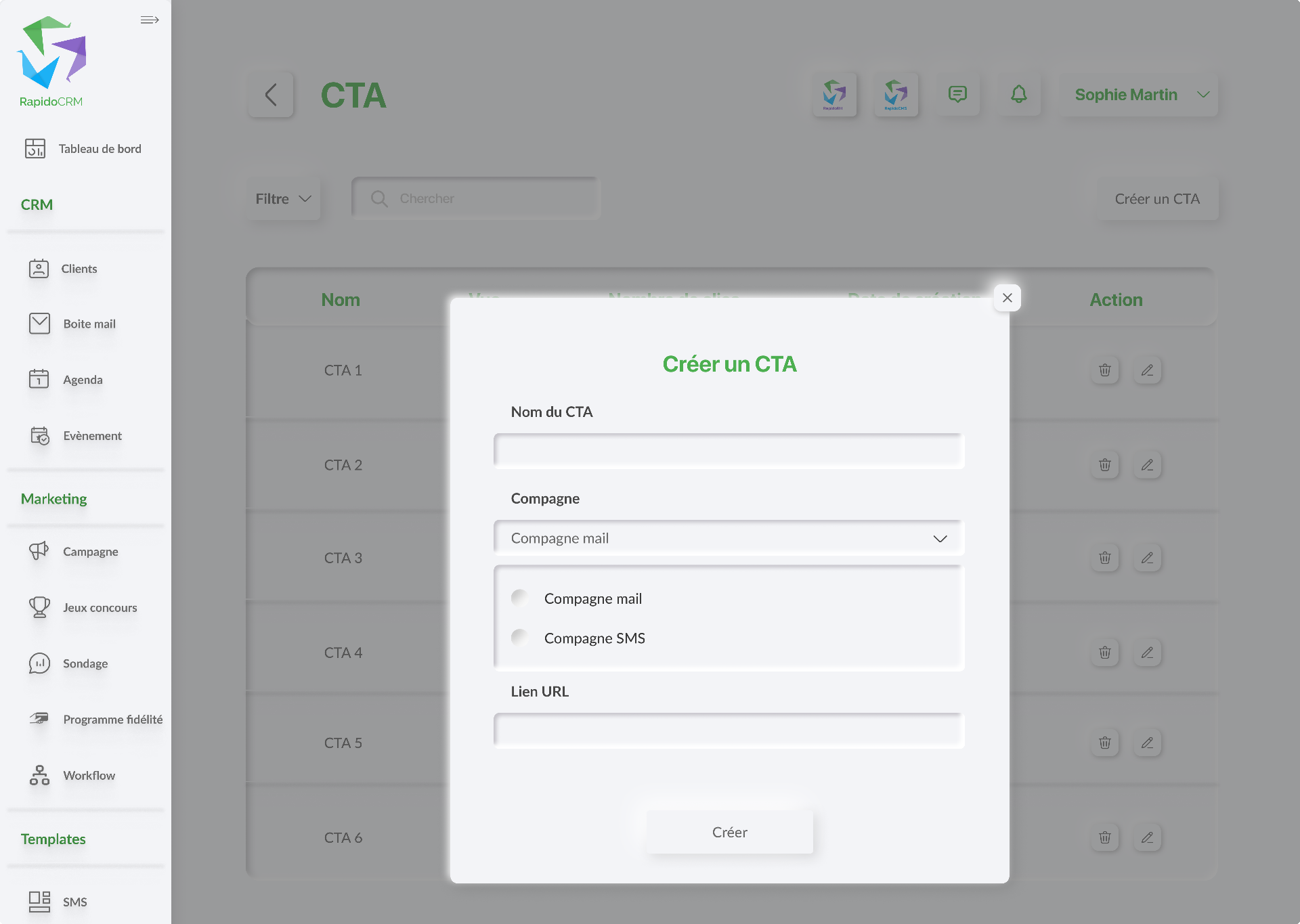 Éditeur de CTA landing page RapidoCMS