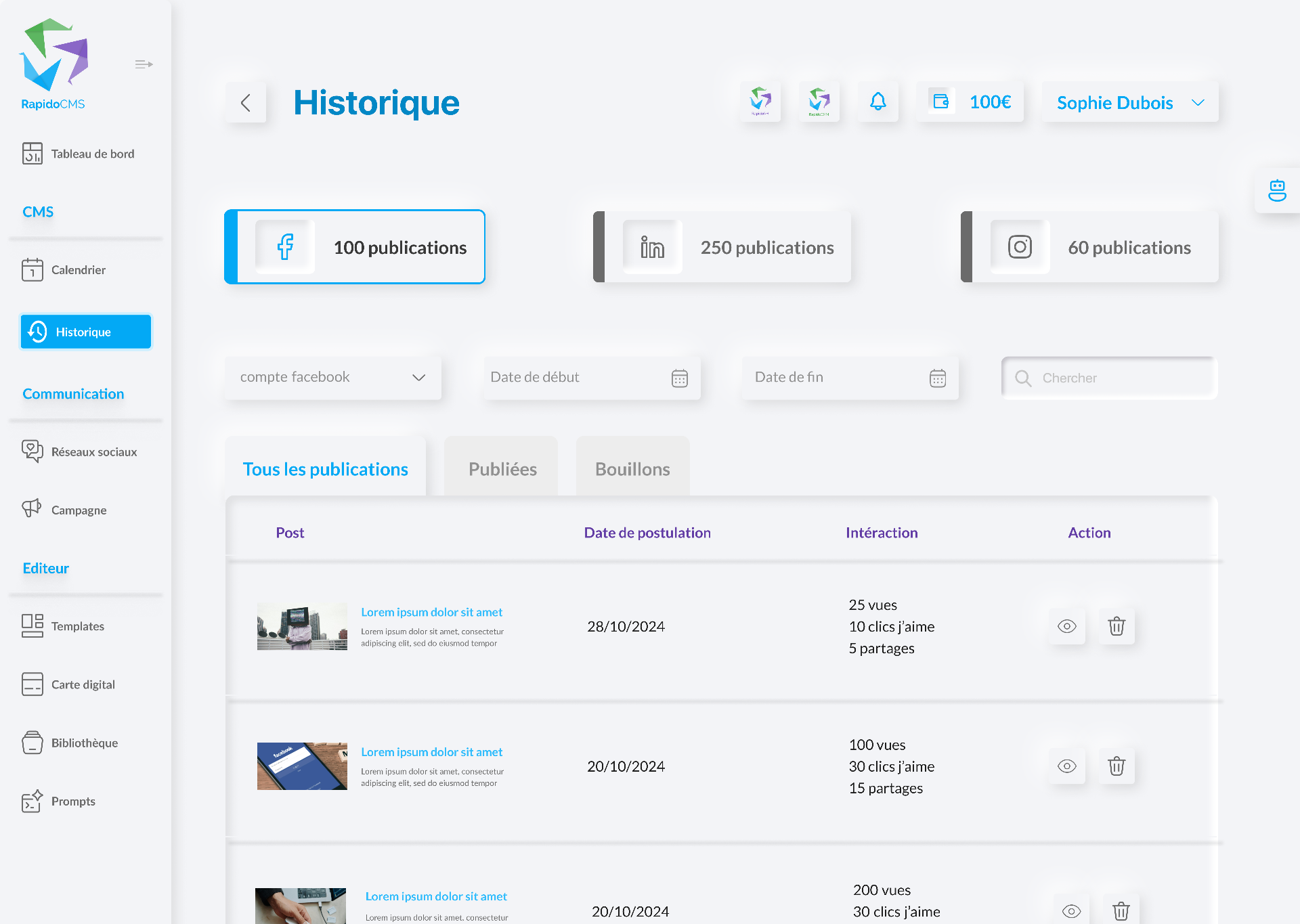 Historique des publications Facebook RapidoCMS