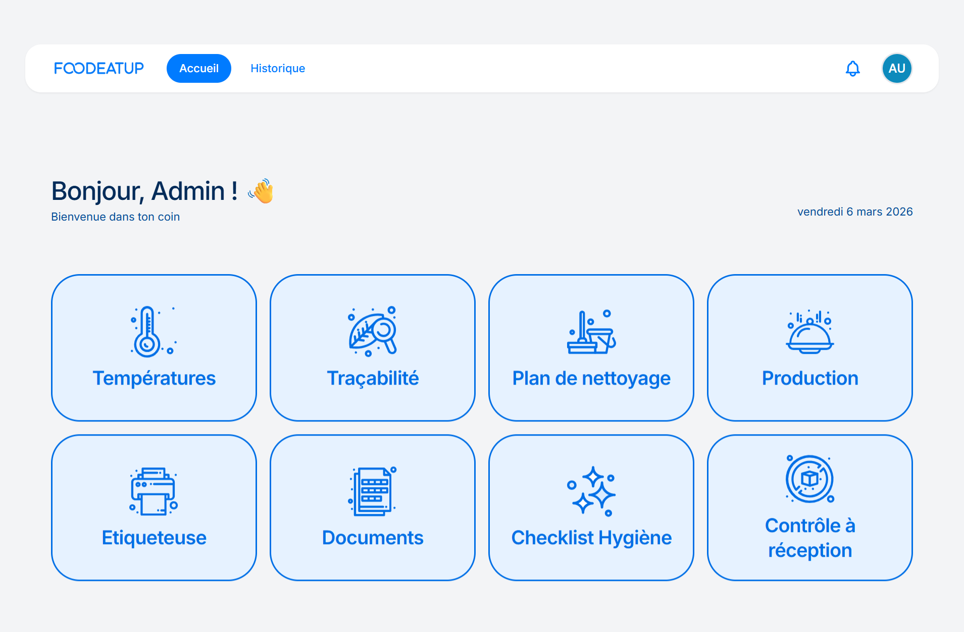 Accueil FoodEatUp — modules HACCP, production, checklist