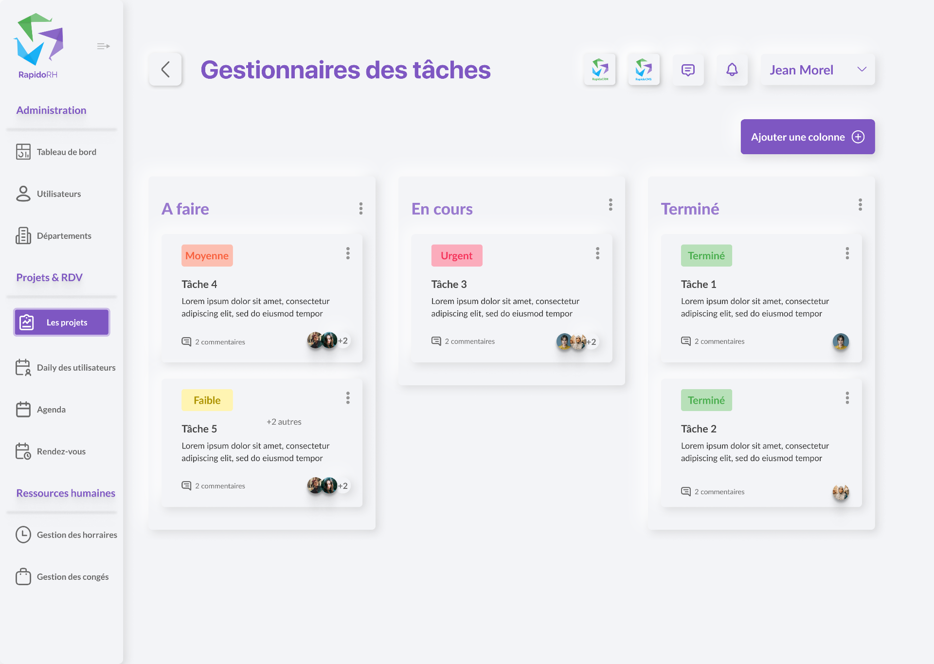 Vue Kanban des projets RapidoRH