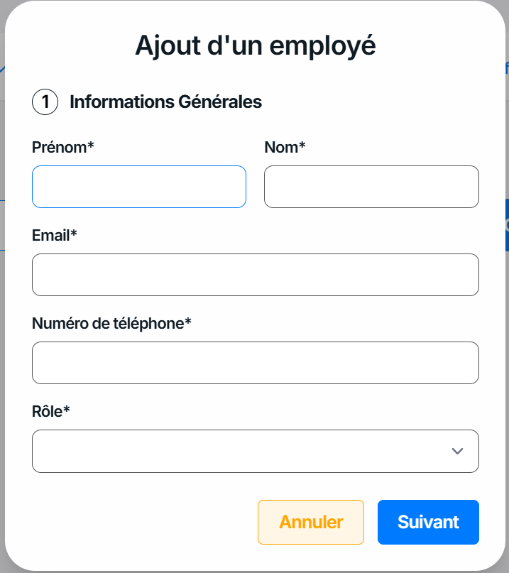 Formulaire d'ajout d'un employé FoodEatUp
