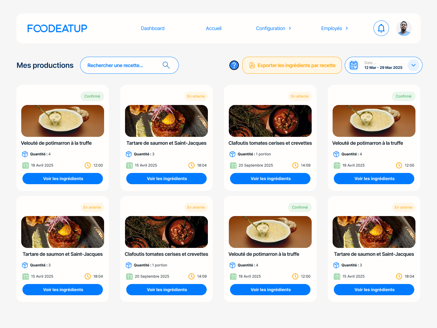 Écran productions FoodEatUp avec recettes du jour