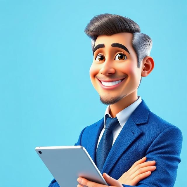 Portrait 3D style Pixar d'un homme mûr souriant en costume bleu tenant une tablette, dirigeant général IA.