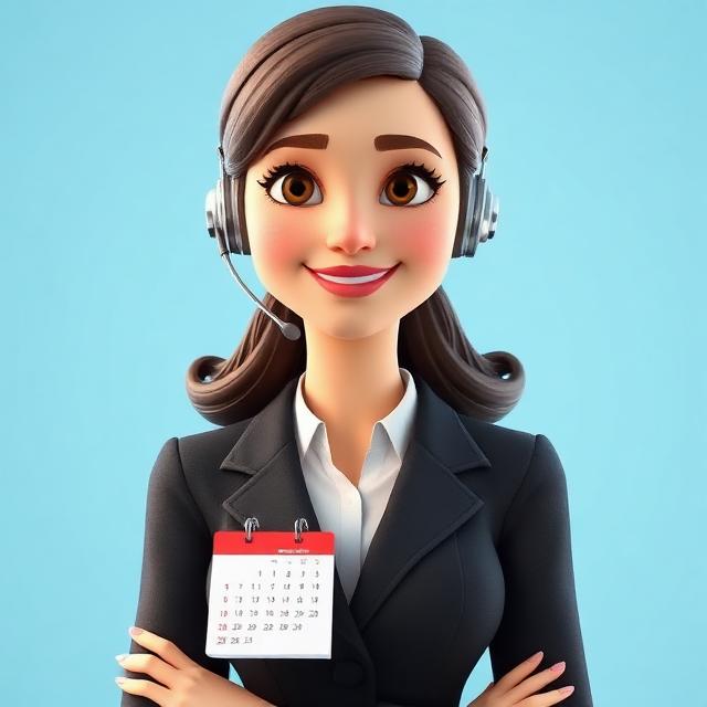 Portrait 3D style Pixar d'une femme élégante avec oreillette tenant un agenda, assistante de direction IA.