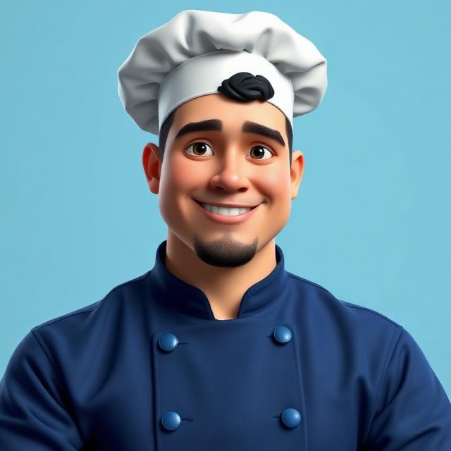 Portrait 3D style Pixar d'un homme en veste de chef bleu marine portant une toque, chef restaurateur IA.