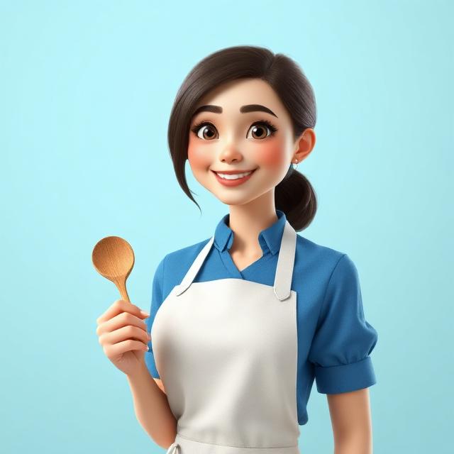 Portrait 3D style Pixar d'une femme en tablier tenant une cuillère de dégustation, cheffe de cuisine IA.