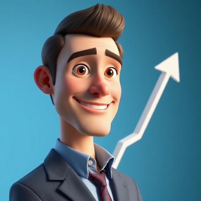 Portrait 3D style Pixar d'un homme dynamique avec un graphique en flèche montante, directeur commercial IA.