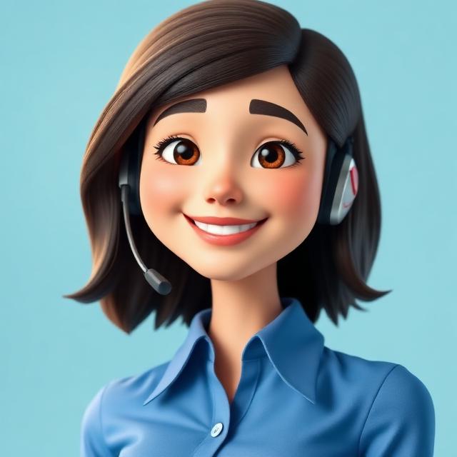 Portrait 3D style Pixar d'une jeune femme énergique portant un casque téléphone, SDR prospection IA.