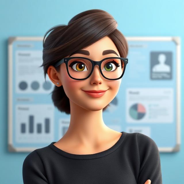 Portrait 3D style Pixar d'une femme créative à lunettes devant un moodboard, responsable marketing IA.