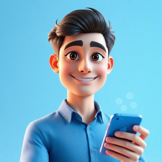Portrait 3D style Pixar d'un jeune homme tenant un smartphone avec notifications flottantes, community manager IA.