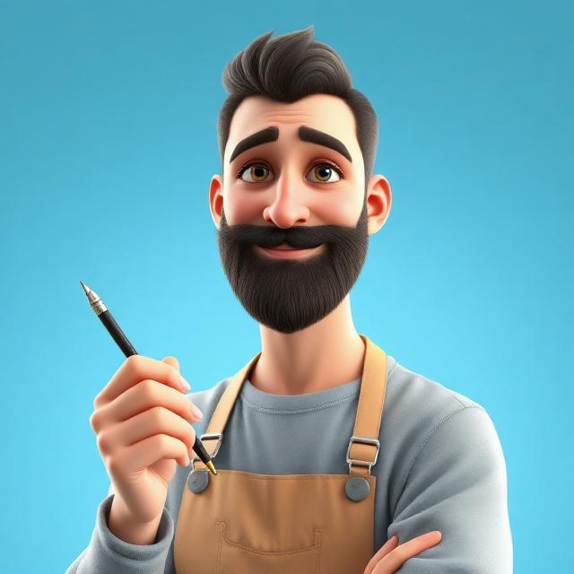 Portrait 3D style Pixar d'un homme barbu tenant un stylet et une palette, directeur artistique IA.
