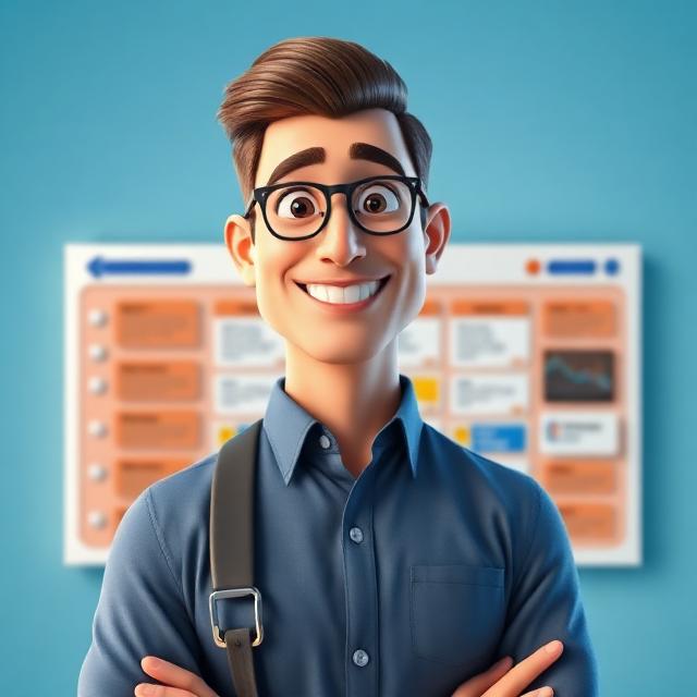 Portrait 3D style Pixar d'un homme organisé devant un tableau kanban, chef de projet IA.