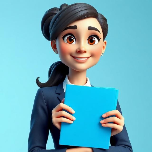 Portrait 3D style Pixar d'une femme bienveillante tenant un dossier d'accueil, responsable RH IA.