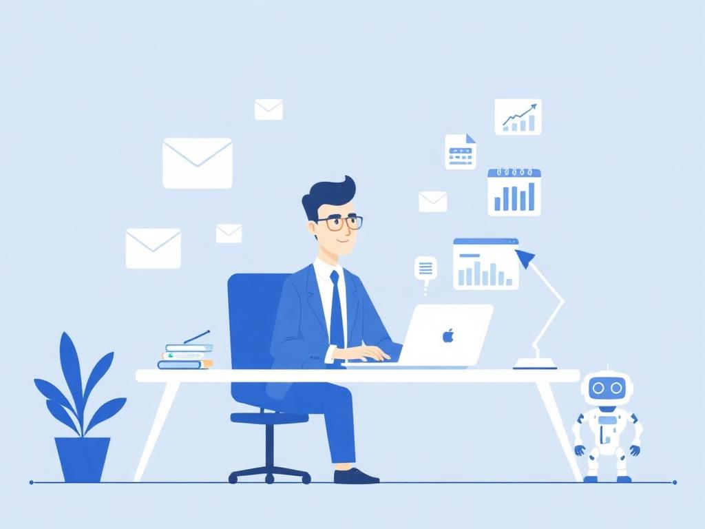Illustration d'un dirigeant serein avec inbox triée, agenda et petit robot assistant