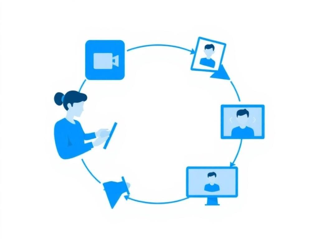 Illustration d'une créatrice sur tablette avec boucle circulaire post, pub et landing page