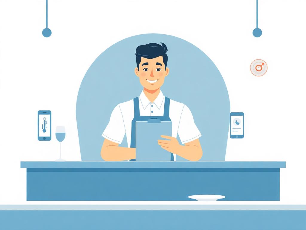 Illustration d'un restaurateur souriant avec presse-papiers, thermomètre et téléphone de réservation