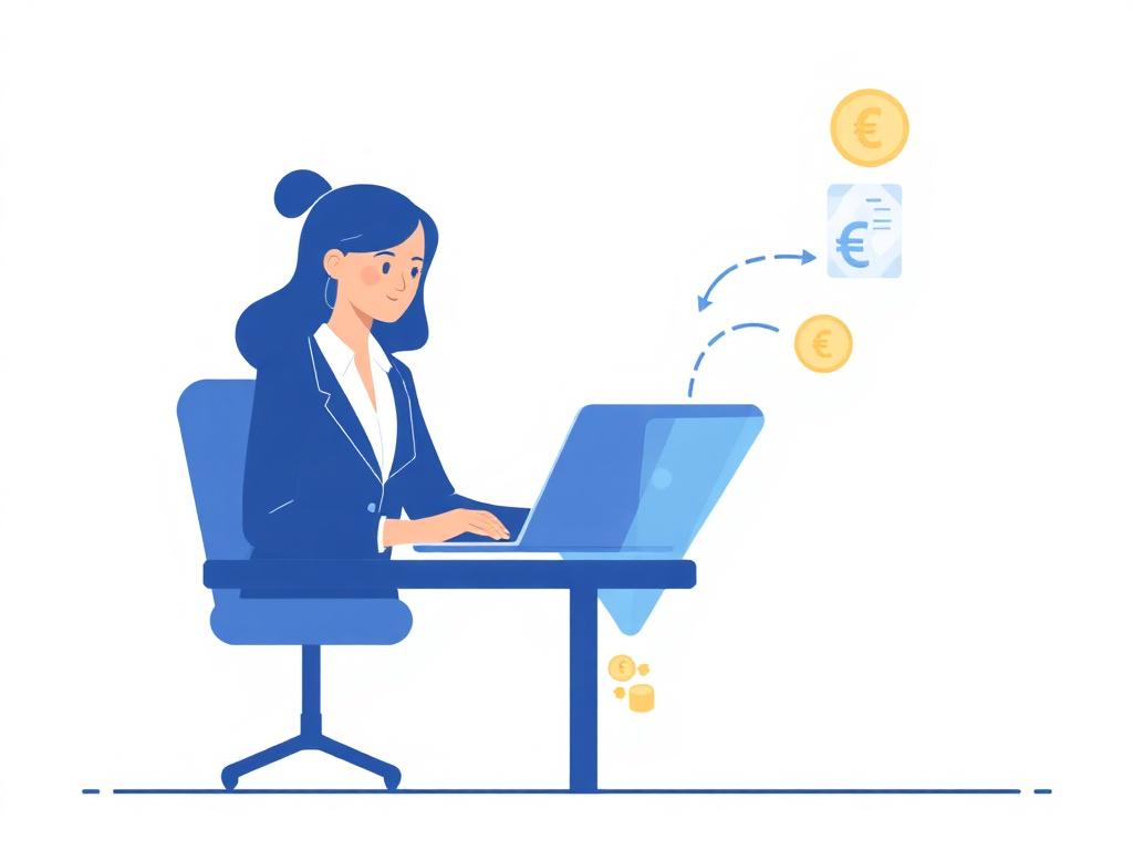 Illustration d'une commerciale à son bureau avec entonnoir de vente et devis facturé